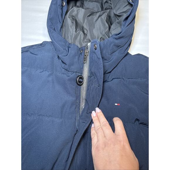 Tommy Hilfiger Mens Large Puffer Jacket Hooded Winter Coat Logo Patch Navy Blue - Picture 4 of 16